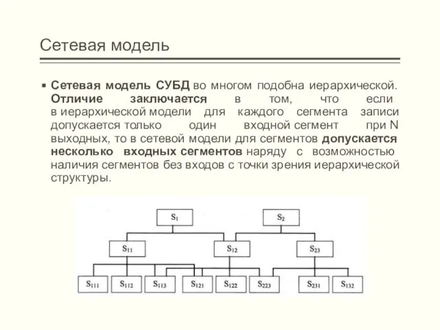 Сетевая модель Сетевая модель СУБД во многом подобна иерархической. Отличие заключается в