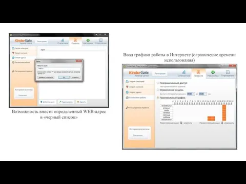 Возможность внести определенный WEB-адрес в «черный список» Ввод графика работы в Интернете (ограничение времени использования)