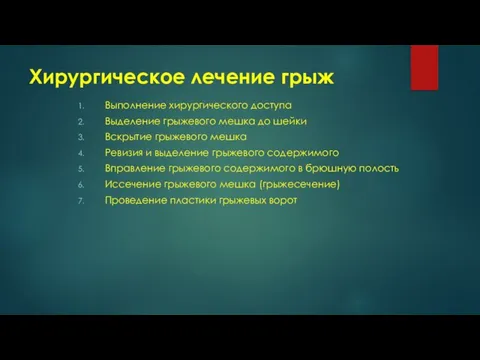 Хирургическое лечение грыж Выполнение хирургического доступа Выделение грыжевого мешка до шейки Вскрытие