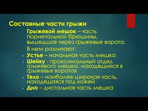 Составные части грыжи Грыжевой мешок – часть париетальной брюшины, вышедшая через грыжевые