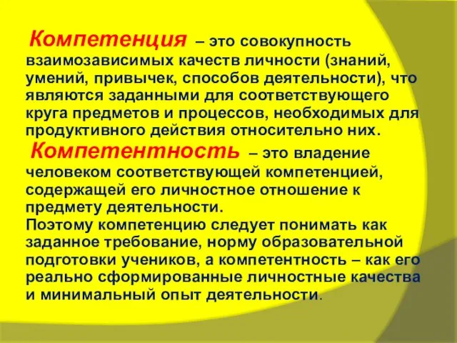 Компетенция – это совокупность взаимозависимых качеств личности (знаний, умений, привычек, способов деятельности),