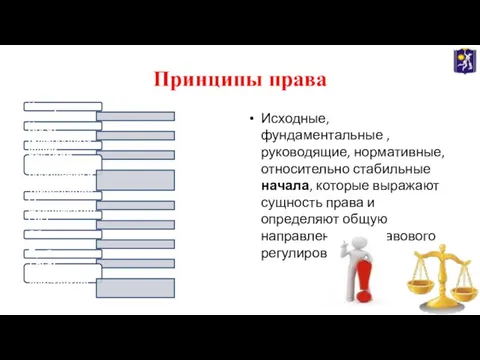 Принципы права Исходные, фундаментальные , руководящие, нормативные, относительно стабильные начала, которые выражают