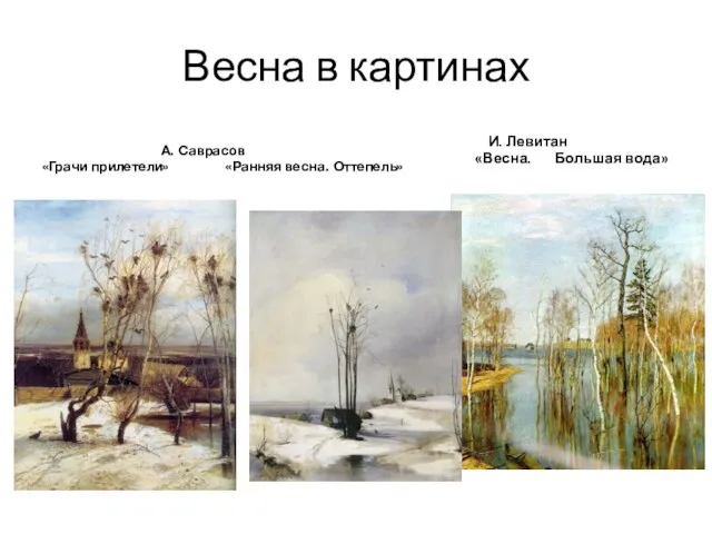 Весна в картинах А. Саврасов «Грачи прилетели» «Ранняя весна. Оттепель» И. Левитан «Весна. Большая вода»