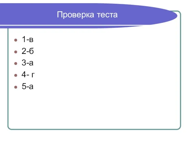 Проверка теста 1-в 2-б 3-а 4- г 5-а