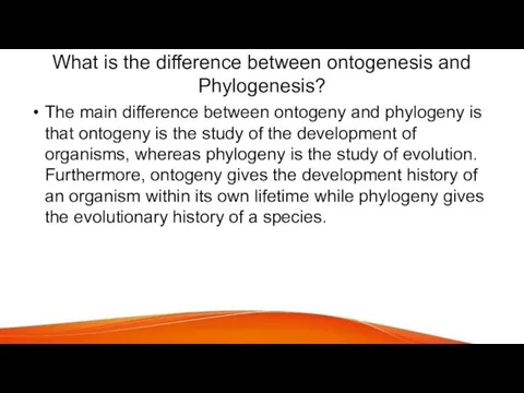 What is the difference between ontogenesis and Phylogenesis? The main difference between