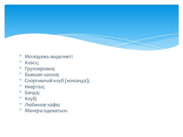 Молодежь выделяет: Класс; Группировка; Бывшая школа; Спортивный клуб (команда); Квартал; Банда; Клуб; Любимое кафе; Манера одеваться.