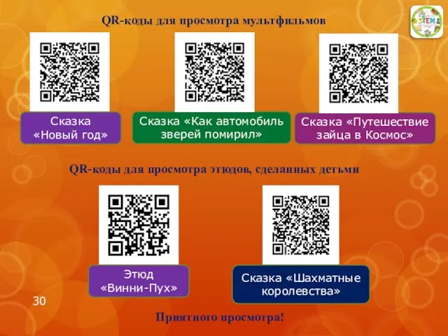 QR-коды для просмотра мультфильмов Сказка «Шахматные королевства» Сказка «Новый год» Сказка «Как