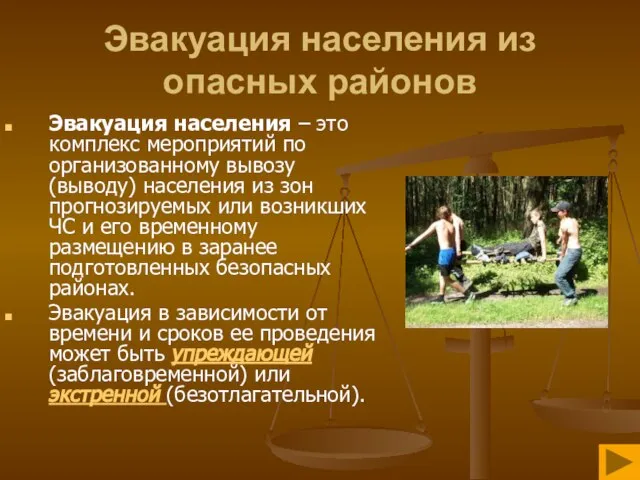 Эвакуация населения из опасных районов Эвакуация населения – это комплекс мероприятий по