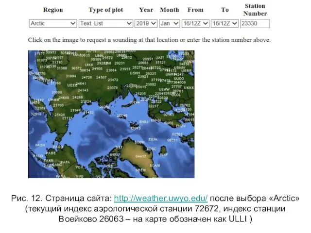 Рис. 12. Страница сайта: http://weather.uwyo.edu/ после выбора «Arctic» (текущий индекс аэрологической станции