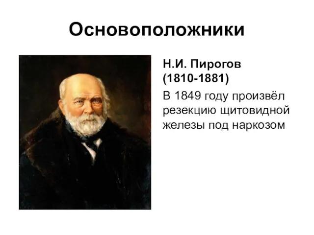 Н.И. Пирогов (1810-1881) В 1849 году произвёл резекцию щитовидной железы под наркозом Основоположники