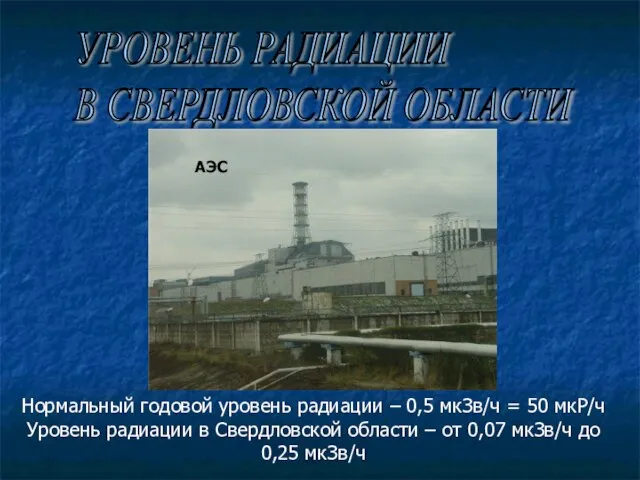 УРОВЕНЬ РАДИАЦИИ В СВЕРДЛОВСКОЙ ОБЛАСТИ Нормальный годовой уровень радиации – 0,5 мкЗв/ч