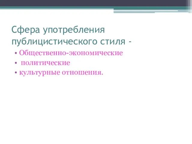 Сфера употребления публицистического стиля - Общественно-экономические политические культурные отношения.