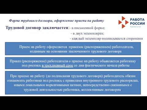 Форма трудового договора, оформление приема на работу Трудовой договор заключается:- в письменной