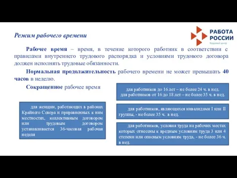 Режим рабочего времени Рабочее время – время, в течение которого работник в