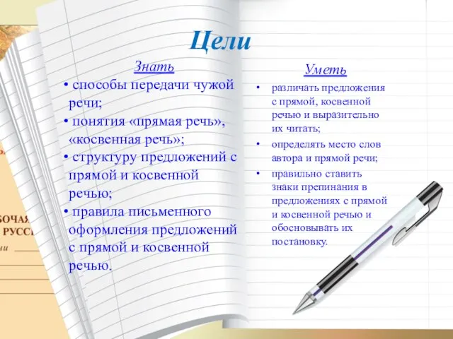 Цели Знать способы передачи чужой речи; понятия «прямая речь», «косвенная речь»; структуру