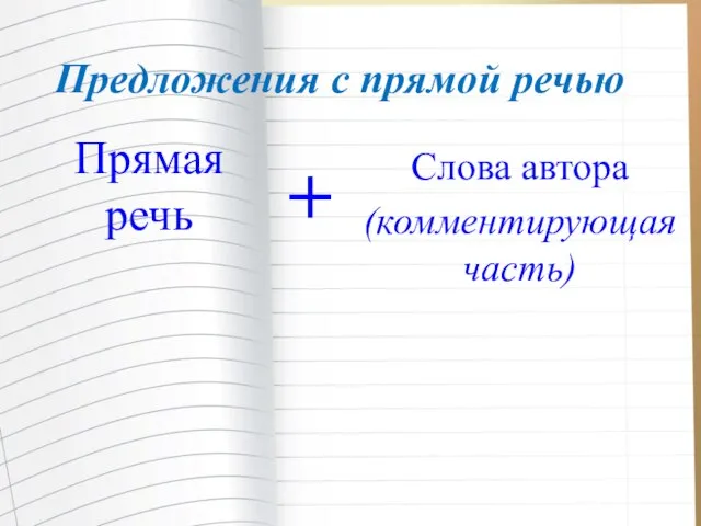 Предложения с прямой речью Прямая речь + Слова автора (комментирующая часть)