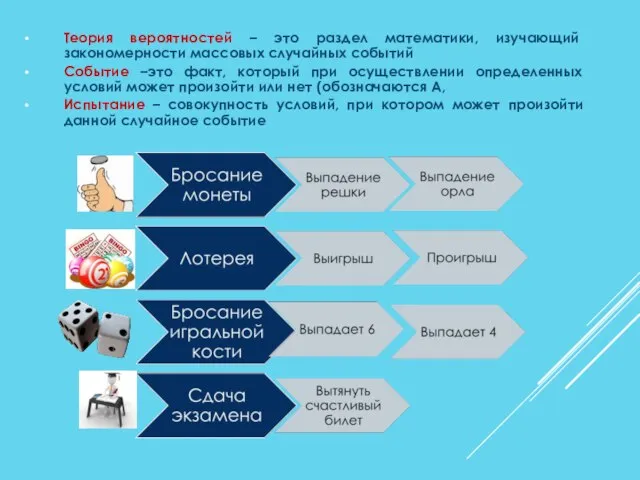 Теория вероятностей – это раздел математики, изучающий закономерности массовых случайных событий Событие