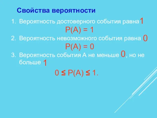 Вероятность достоверного события равна P(А) = 1 Вероятность невозможного события равна P(А)