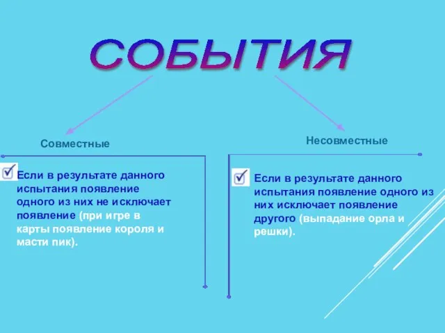 СОБЫТИЯ Совместные Несовместные Если в результате данного испытания появление одного из них