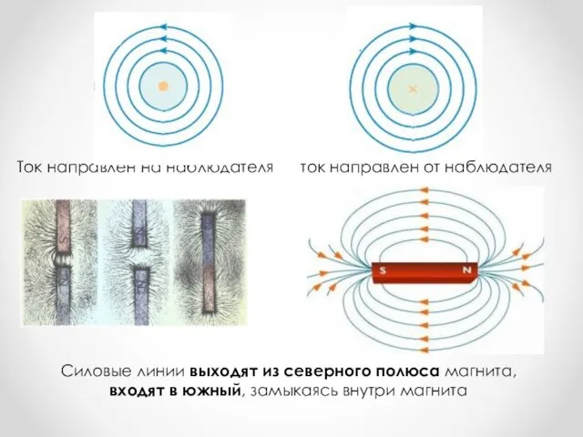 Ток направлен на наблюдателя ток направлен от наблюдателя Силовые линии выходят из