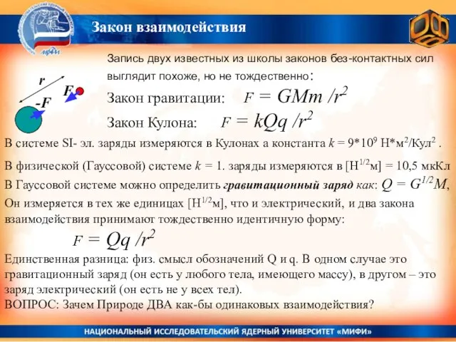 Закон взаимодействия Запись двух известных из школы законов без-контактных сил выглядит похоже,