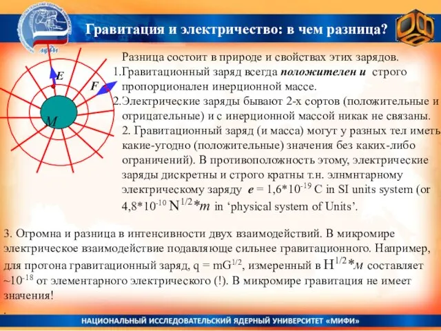 F E Разница состоит в природе и свойствах этих зарядов. Гравитационный заряд