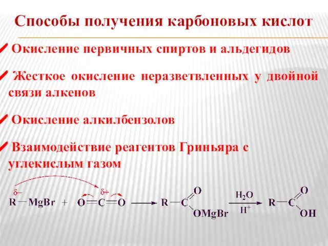 Способы получения карбоновых кислот Окисление первичных спиртов и альдегидов Жесткое окисление неразветвленных