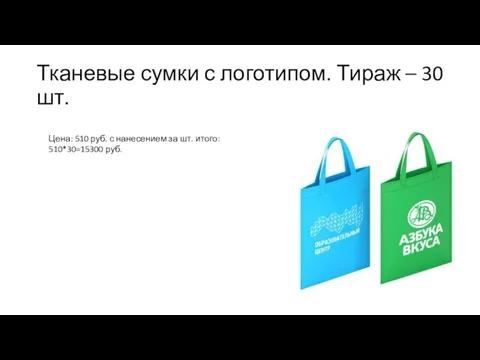 Тканевые сумки с логотипом. Тираж – 30 шт. Цена: 510 руб. с