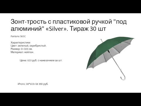 Зонт-трость с пластиковой ручкой "под алюминий" «Silver». Тираж 30 шт Pantone 561C