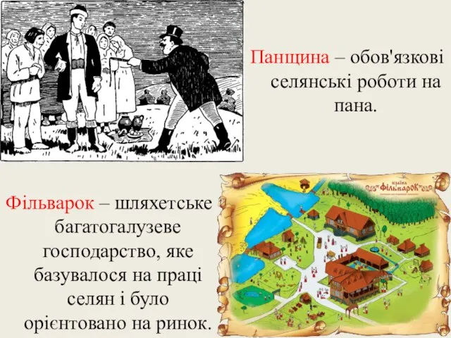 Панщина – обов'язкові селянські роботи на пана. Фільварок – шляхетське багатогалузеве господарство,