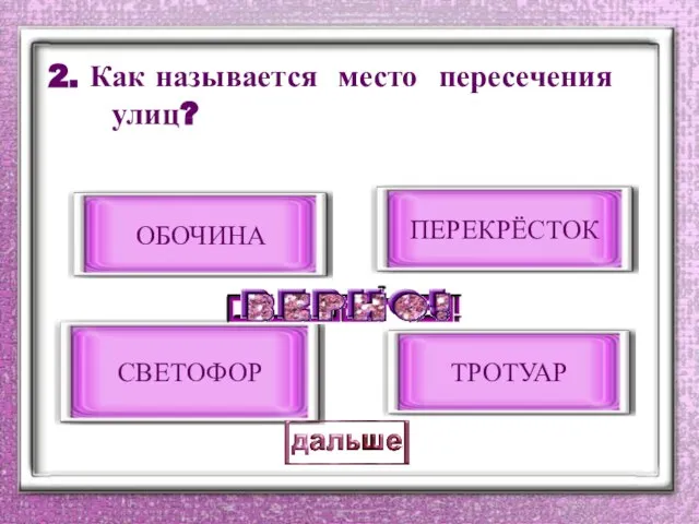 2. Как называется место пересечения улиц? ПЕРЕКРЁСТОК ОБОЧИНА СВЕТОФОР ТРОТУАР