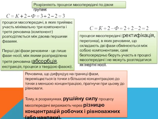 Розрізняють процеси масопередачі по двом групам: процеси масопередачі, в яких приймає участь