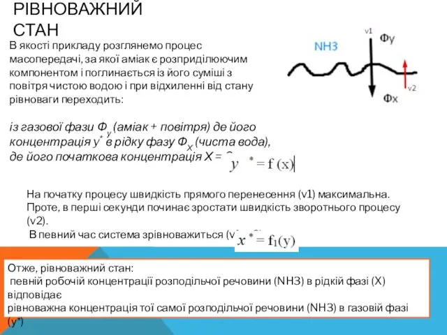 РІВНОВАЖНИЙ СТАН В якості прикладу розглянемо процес масопередачі, за якої аміак є