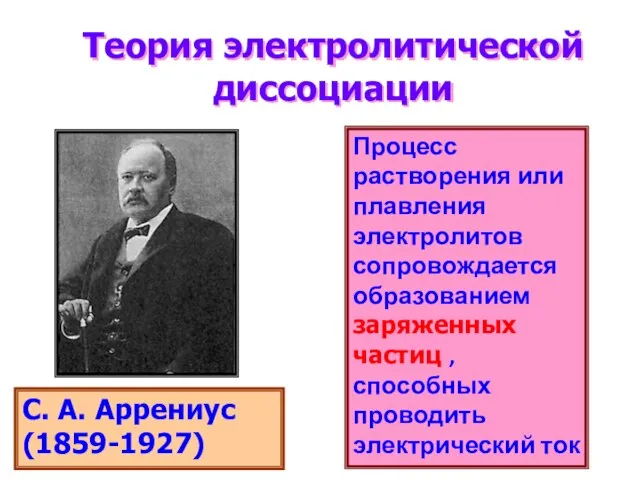 Теория электролитической диссоциации С. А. Аррениус (1859-1927) процесс растворения электролитов сопровождается образованием