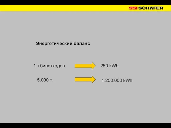 Энергетический баланс 1 т.биоотходов 250 kWh 5.000 т. 1.250.000 kWh