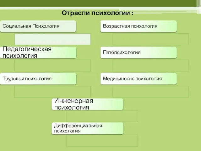 Социальная Психология Педагогическая психология Трудовая психология Возрастная психология Патопсихология Медицинская психология Инженерная