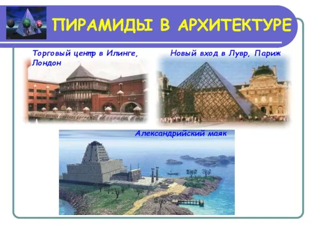 ПИРАМИДЫ В АРХИТЕКТУРЕ Новый вход в Лувр, Париж Торговый центр в Илинге, Лондон Александрийский маяк