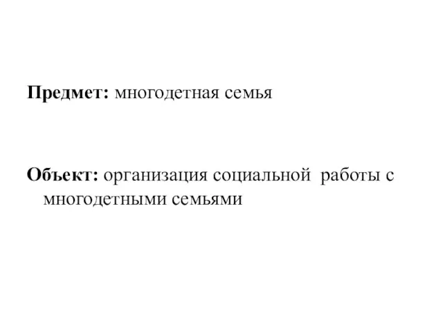 Предмет: многодетная семья Объект: организация социальной работы с многодетными семьями