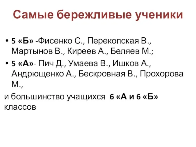 Самые бережливые ученики 5 «Б» -Фисенко С., Перекопская В., Мартынов В., Киреев