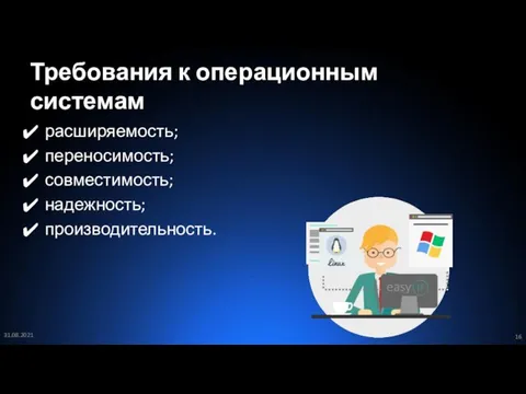 Требования к операционным системам расширяемость; переносимость; совместимость; надежность; производительность. 31.08.2021