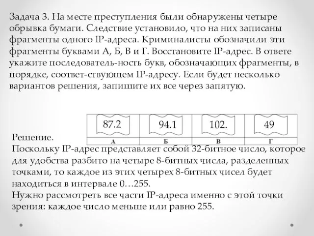 Задача 3. На месте преступления были обнаружены четыре обрывка бумаги. Следствие установило,