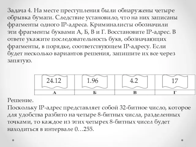 Задача 4. На месте преступления были обнаружены четыре обрывка бумаги. Следствие установило,