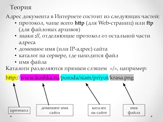 Теория Адрес документа в Интернете состоит из следующих частей: протокол, чаще всего