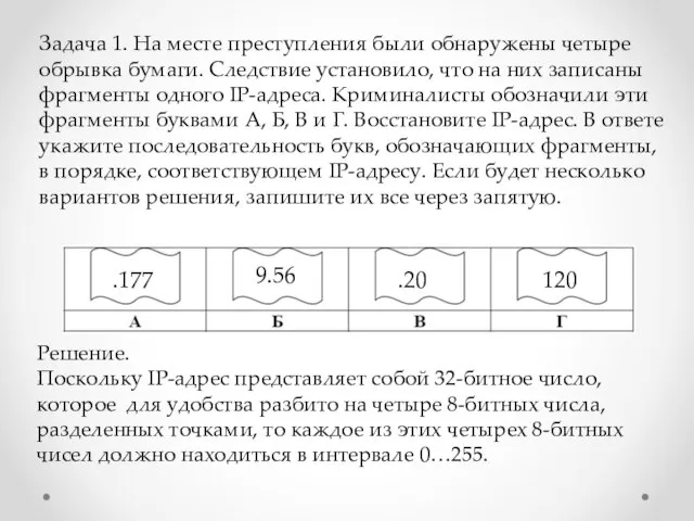 Задача 1. На месте преступления были обнаружены четыре обрывка бумаги. Следствие установило,