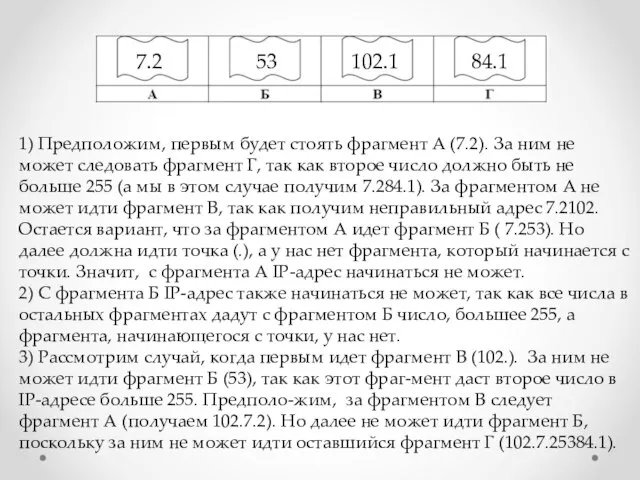 1) Предположим, первым будет стоять фрагмент А (7.2). За ним не может