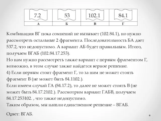 Комбинация ВГ пока сомнений не вызывает (102.84.1), но нужно рассмотреть остальные 2