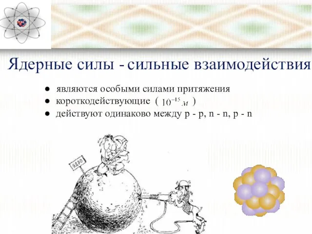 Ядерные силы - сильные взаимодействия ● являются особыми силами притяжения ● короткодействующие