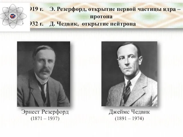 1919 г. Э. Резерфорд, открытие первой частицы ядра – протона 1932 г.