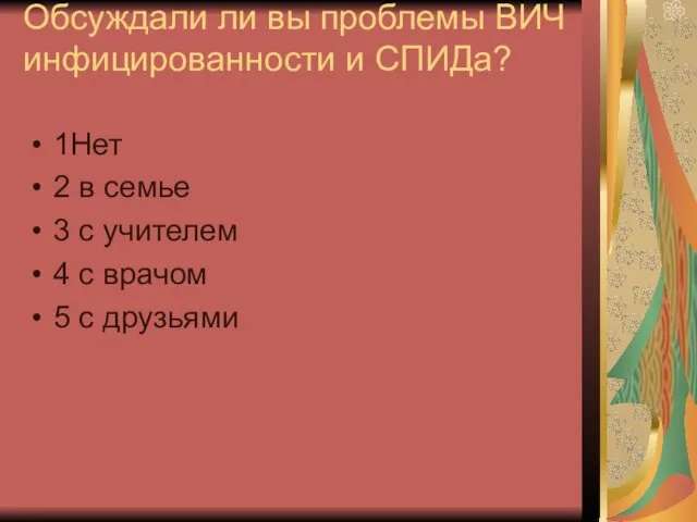 Обсуждали ли вы проблемы ВИЧ инфицированности и СПИДа? 1Нет 2 в семье