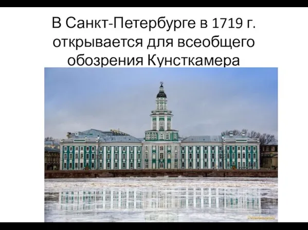 В Санкт-Петербурге в 1719 г. открывается для всеобщего обозрения Кунсткамера